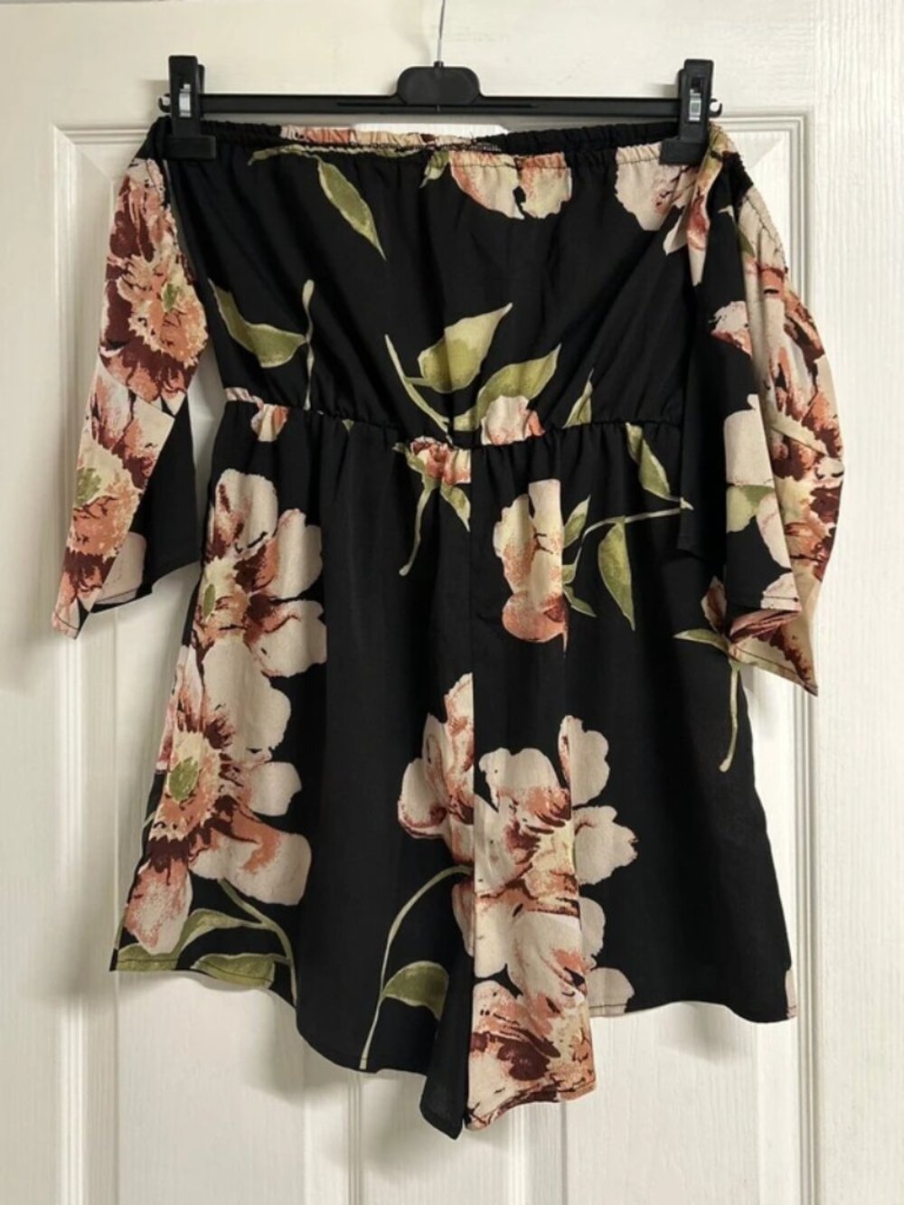 Black Floral Off Shoulder Bell Sleeve Romper